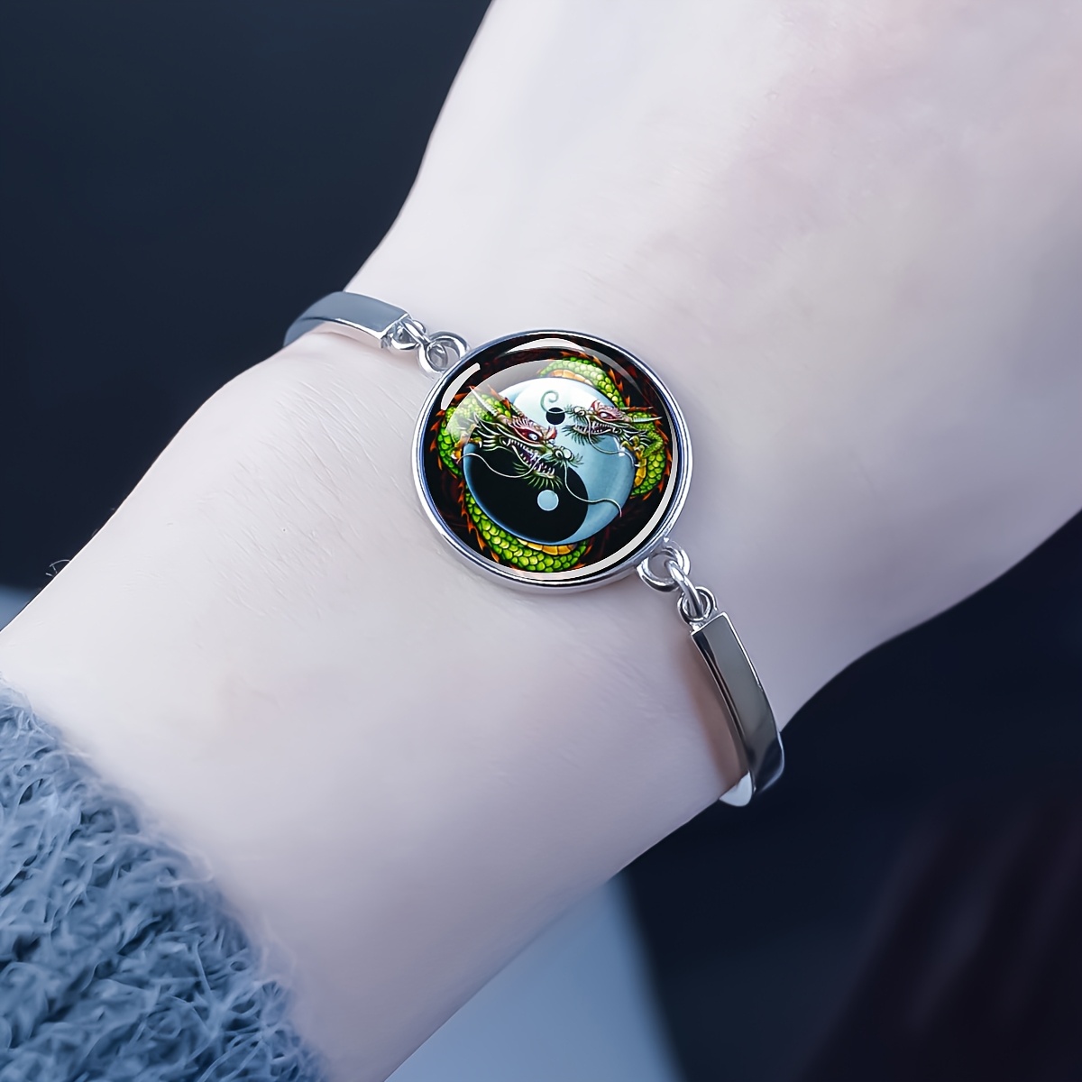 Yin Yang Dragon Glass Dome Charm Bracelet, Unisex